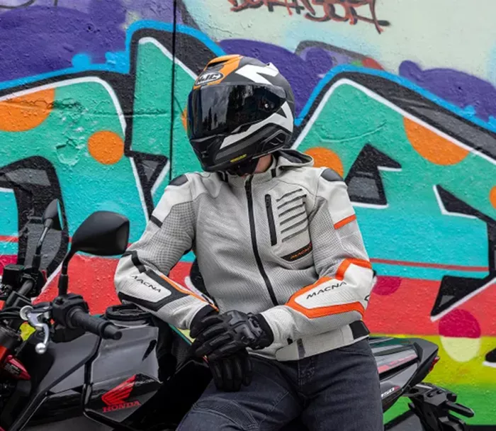 Pánská bunda na moto Macna Risant Night Eye grey/orange leather